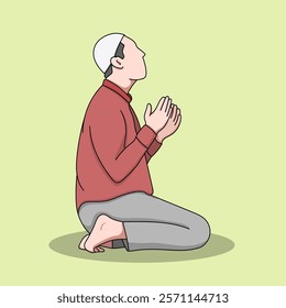 Muslim male character praying while raising his hand