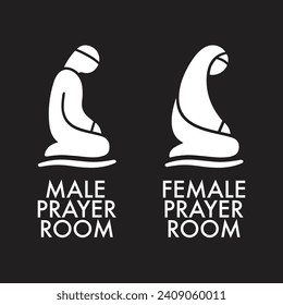 Muslim Male and Female Prayer Room sign isolated on black background. Simple flat design. Editable EPS 10 vector illustration.