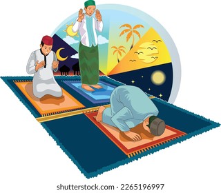 Muslim male perform Islamic pray 5 times a day. Suitable to use as Social Media Content, Greeting Cards, UI, Landing Page, Mobile Apps, Cover Illustration, Poster and Website. Vector Illustration