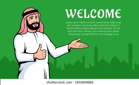 Muslim man Arab welcomes to his country. Arabic positive man thumb up gesture. Vector illustration.