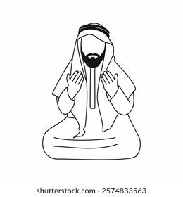 Muslim man in Arabic turban praying line art illustration, Arabic bearded man in turban