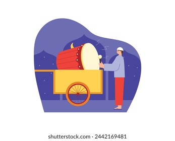 Muslim man is beating the drum on a cart in front of the mosque at night, Asian Islamic culture celebrating Eid al-Fitr. Character design. Vector flat illustration