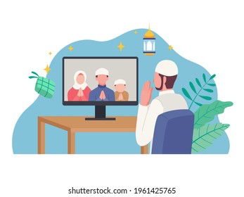 Muslim man celebrating Eid al-Fitr. Islamic people greeting with teleconference in holiday Eid Mubarak. Vector illustration in a flat style