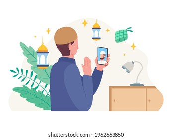 Muslim man celebrating Eid al-Fitr. Islamic people greeting with teleconference in holiday Eid Mubarak. Vector illustration in a flat style