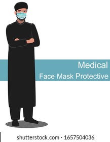 Muslim man in chador dress wearing medical face mask protective COVID-19 or Coronavirus outbreak concept