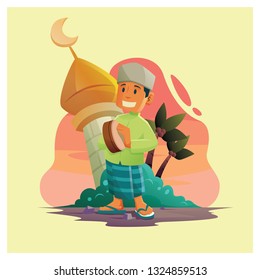 MUSLIM MAN CHARACTER DESIGNWITH TAMBOURINE AND MOSQUE BACKGROUND