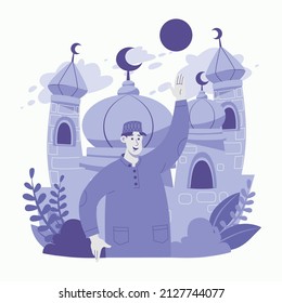 Muslim man character greetings Ramadan Kareem Flat vector illustration