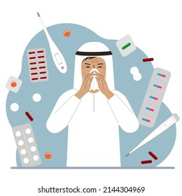 A Muslim man covers his nose with a handkerchief. The concept of a cold person, seasonal allergies. Lots of medicines and thermometers. Vector flat illustration.