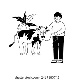 A muslim man with cow, eid al adha concept illustration