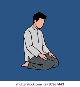 A Muslim man is depicted in a prayer pose, kneeling with his head bowed, showing deep reverence and spiritual focus.