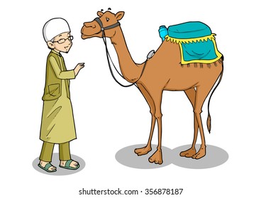 Muslim man in desert with camel