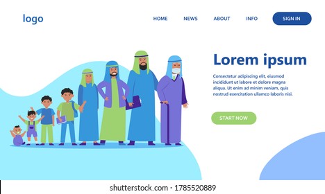 Muslim man in different age. Development, child, life flat vector illustration. Growth cycle and generation concept for banner, website design or landing web page