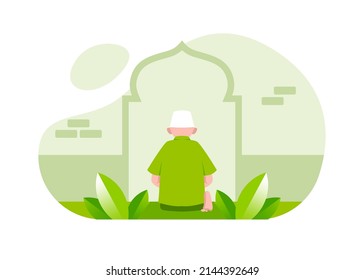Muslim Man Doing Pray, Sholat, Praying, Salat Flat Illustration Vector Isolated. Ramadan Kareem and Eid Mubarak Suitable for Poster, Landing Page, UI, Mobile Apps, and Website.