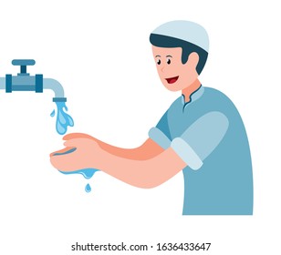 muslim man doing (wudhu) ablution, boy take water to washing hand. cartoon flat illustration vector isolated in white background