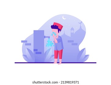 Muslim Man Doing Wudhu Ablution, Washing Hands, Rinsing, Washing Face, Ears, and Feet Flat Illustration Vector Isolated. Suitable for Poster, Landing Page, UI, Mobile Apps, ang Website.