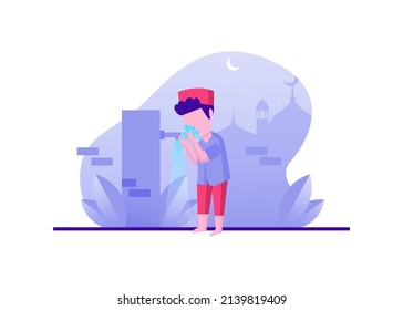 Muslim Man Doing Wudhu Ablution, Washing Hands, Rinsing, Washing Face, Ears, and Feet Flat Illustration Vector Isolated. Suitable for Poster, Landing Page, UI, Mobile Apps, ang Website.