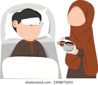 Muslim man drinking coffee in bed. Vector illustration in flat style.