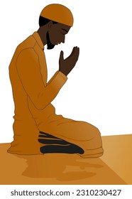 Muslim man is facing to sunset and praying Namaz,Salah on white background,Vector character element for Serene holy, Islamic Religion,Eid al Adha,Eid Mubarak,Eid al fitr, Eid al Adha,Ramadan Kareem 
