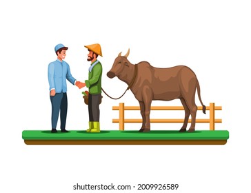 Muslim man with farmer trade cow for Qurban or ritual animal sacrifice during Eid al Adha islamic religion cartoon illustration vector