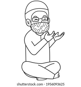 Muslim man or father use blue shirt ,praying in iftar.  ramadan  night, using mask and healthy protocol.Vector character illustration.