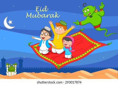 Muslim man flying on magic carpet wishing Eid mubarak, Happy Eid in vector