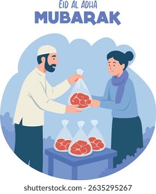 Um homem muçulmano dá roupas dobradas a uma mulher, simbolizando atos de bondade e generosidade durante Eid al-Adha. Ilustrado em um design de vetor limpo e amigável.