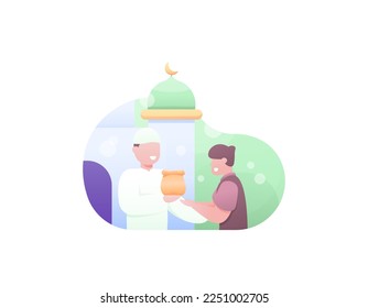 a Muslim man gives zakat to the poor. spending certain treasures for someone. activities of muslims in the month of ramadan. give charity, contribute some of the property, donate. illustration concept