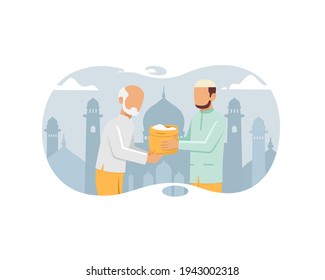 Muslim man giving alms or zakat to old man in the month of ramadan concept. Islamic flat vector illustration