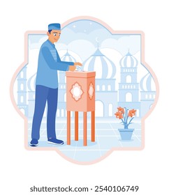 Muslim man giving charity at the mosque. Put money in the charity box. Ramadan Kareem concept. Flat vector illustration.