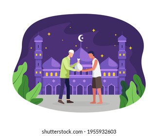 Muslim man giving donation. Man giving alms or zakat in the holy month of Ramadan. Muslim giving donation to a poor homeless man, Pay zakat, Sharing and caring concept. Vector illustration flat style