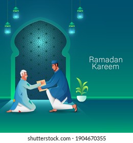 Muslim Man Giving Donation To A Beggar At Mosque View On The Occasion Of Ramadan Kareem.
