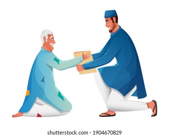 Muslim Man Giving Donation To A Beggar On White Background.