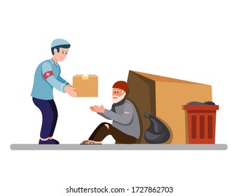 muslim man giving food box to homeless people, volunteer help and support poor old man. in cartoon flat illustration vector isolated in white background