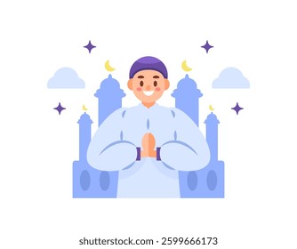 a muslim man giving greeting with illustration of a mosque. greeting and smiling. gesture and expression. flat style person character design. elements. ramadan, eid al-fitr, eid al-adha