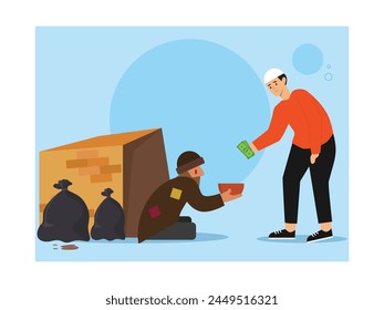 Muslim man giving money to a street beggar, sadaqah. Character design. Vector flat illustration