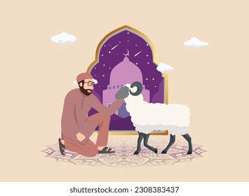 Muslim man with goat for eid al adha vector illustration background