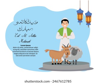 muslim man greeting happy eid al adha celebration with illustration of goat and sheep sacrificial