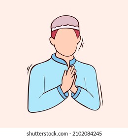 Muslim man greeting, praying with colored hand drawn vector illustration