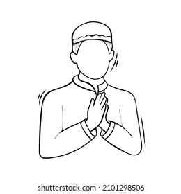 Muslim man greeting, praying with hand drawn sketch vector illustration