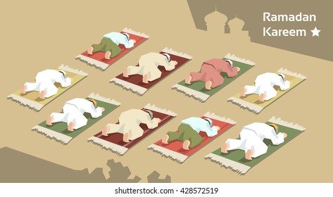 Muslim Man Group Pray On Carpet Ramadan Kareem Mosque Religion Holy Month Vector Illustration