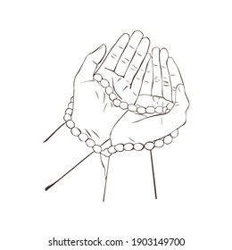 Muslim man hands holding rosary line art 