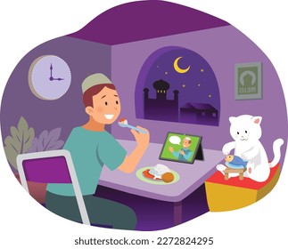 Muslim man has suhoor or sahur in the dawn of Ramadan. Suitable to use as Social Media Content, Greeting Cards, Landing Page, Poster and Mobile Apps. FREELY ADJUSTED POSE and CUSTOMIZED ANIMATION