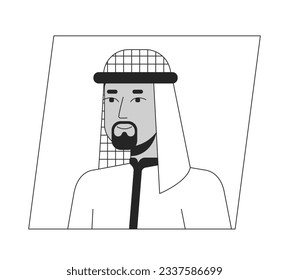 Muslim man in hijab black white cartoon avatar icon. Editable 2D character user portrait, linear flat illustration. Vector face profile. Outline person head and shoulders