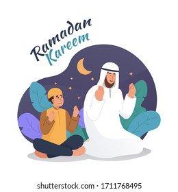 Muslim man and his son praying together at night