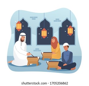 Muslim man and his students reading holy quran in mosque. Ramadan kareem flat cartoon illustration