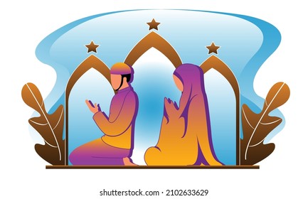 Muslim man and his wife doing prayer together. Muslim people tarawih prayer in congregation. Muslim Perform taraweeh prayer night during ramadan. Prayers in congregation at home. Vector in flat style
