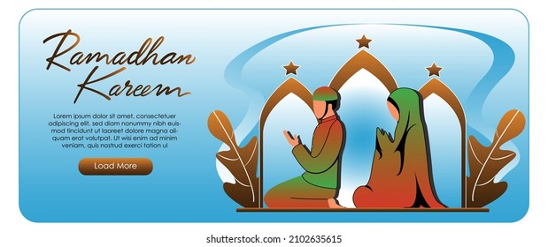 Muslim man and his wife doing prayer together. Muslim people tarawih prayer in congregation, ied mubarak.web landing page template, banner, presentation, social or print media
