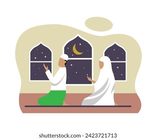 Muslim man and his wife doing prayer together flat 2d vector illustration