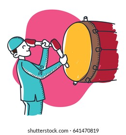 A muslim man is hitting the beduk (drum in Indonesian culture) in hand drawn style