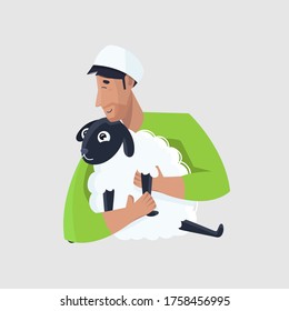 Muslim Man holding a Cartoon Sheep on Grey Background.